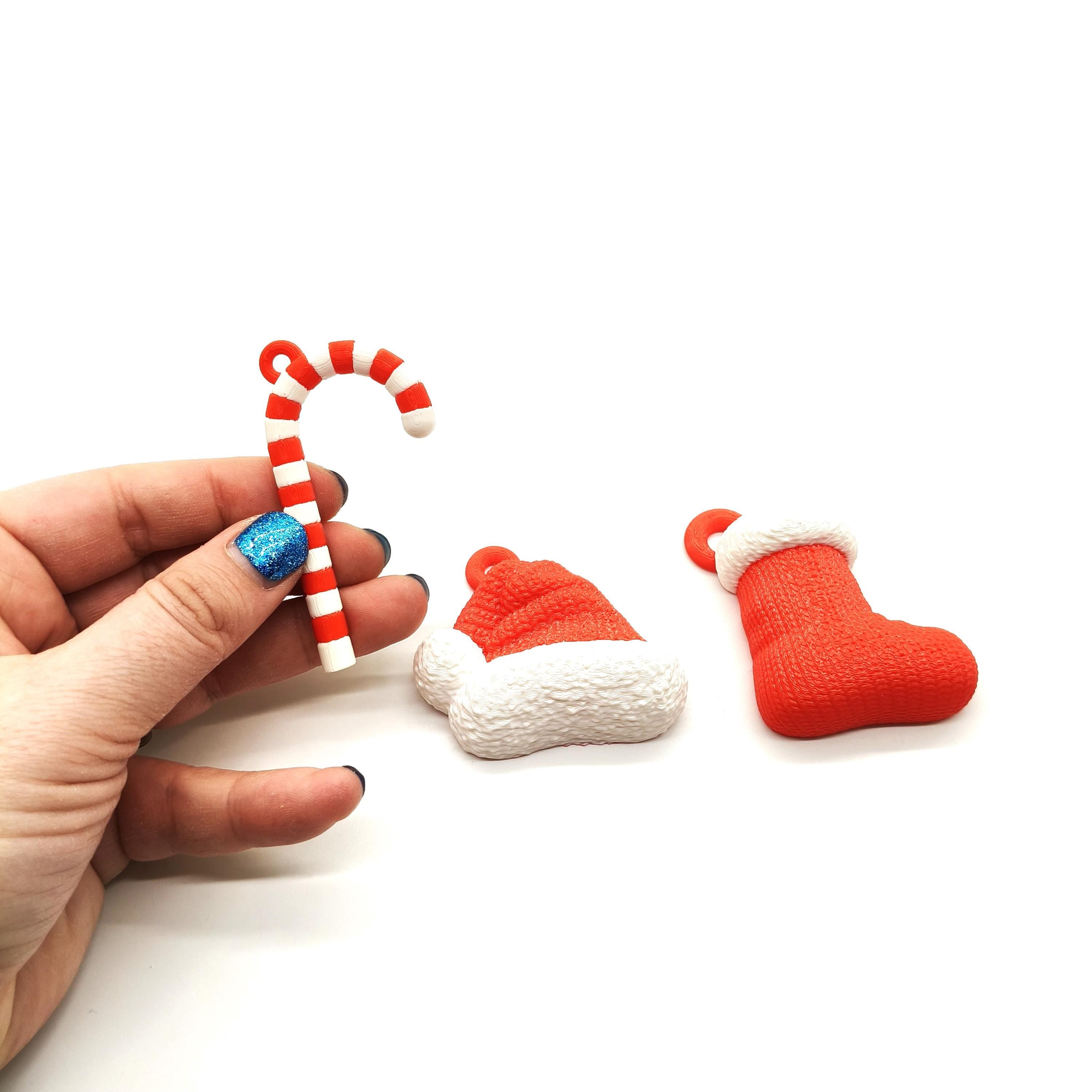 Set of 3 Christmas Decorations - 3D Printed Candy Cane, Santa Hat, and Stocking Ornaments - Festive Holiday Decor